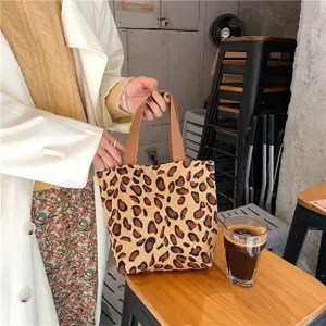 Corduroy leopard print tote bag cute lunch handbag portable storage pouch casual shopping bag