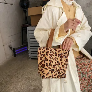 Leopard print corduroy handbag small tote casual cute lunch storage bag for women daily use