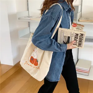 Japanese cute corduroy canvas tote bag with rabbit tomato embroidery casual shoulder bag