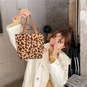 Corduroy leopard print handbag aesthetic tote bag casual lunch bag cute fashion women bag