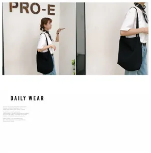 Minimalist black cotton linen tote bag, casual daily shoulder bag for women and girls.