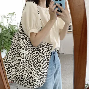Retro Leopard Print Canvas Tote Bag For Women Large Capacity Casual Shoulder Handbag Vintage Commuter Shopping Bag