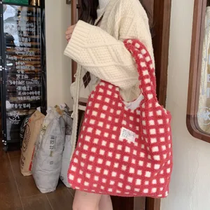 Checkered plush tote bag for women, cozy winter fluffy shoulder bag with large capacity.