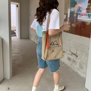 Sac cabas en toile pour femme grand capacité sac épaule broderie colorée sac shopping