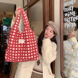 Red and white checkered waffle fleece tote bag, large capacity casual shoulder bag for women.