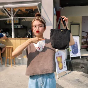 Black corduroy handbag for women, casual mini tote bag, vintage small cloth lunch bag daily use.