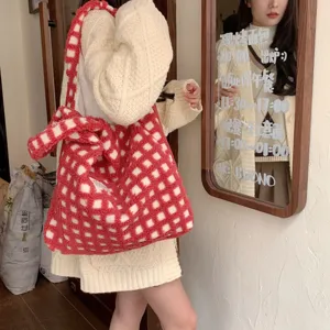 Red and white checkered plush tote bag, cozy fuzzy shoulder bag, large capacity daily use.