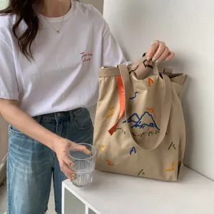 Grand sac cabas en toile pour femme sac à épaule brodé fourre-tout décontracté quotidien