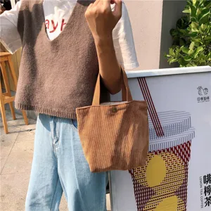 Retro brown corduroy handbag mini casual tote bag vintage fabric lunch bag versatile chic style.