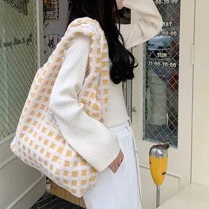 Yellow white plaid plush tote bag, soft fuzzy shoulder bag for women, large capacity commuter bag.