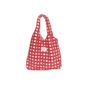Red white plaid fuzzy tote bag, cute fleece vest handbag, large capacity casual commuter bag.