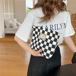 Sac en toile à carreaux noir et blanc style chic coréen, grand sac pour étudiant.