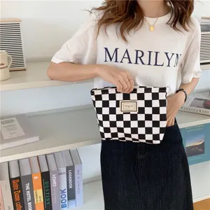 Sac à main en toile à carreaux noirs et blancs, grand sac cabas fourre-tout pour femme.