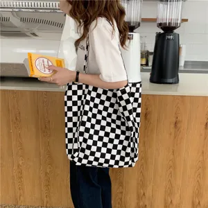 Sac cabas en toile à carreaux noir et blanc, grande capacité sac d'épaule étudiant.