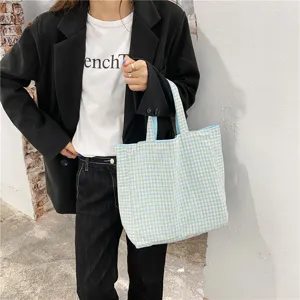 Canvas tote bag for women casual checkered shoulder bag Japanese style student handbag