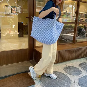Casual blue and white checkered canvas shoulder bag, large capacity daily tote for women.