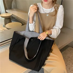 Japanese Korean minimalist fresh plaid reversible shoulder bag, casual large capacity tote.