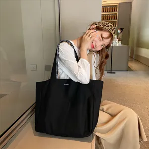 Korean style plaid reversible canvas shoulder bag, casual large capacity tote bag for women.