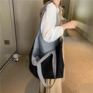 Minimalist gingham reversible canvas tote bag for women, casual large capacity shoulder bag.