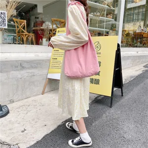 Korean style solid color canvas shoulder bag, casual literary student daily tote bag with strap.