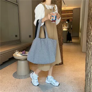Casual black and white gingham tote bag, large capacity canvas shoulder bag for women.