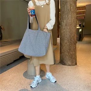 Casual black and white gingham tote bag detail, large capacity student cloth shoulder bag.