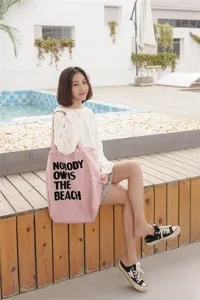 Korean style canvas tote bag, letter print design, large capacity for daily shopping use.
