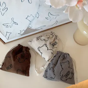 Sac de Rangement à Cordon en Velours Côtelé Ourson Pochette à Cosmétiques Organisateur de Maquillage