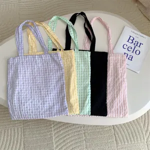 Colorful seersucker tote bag casual Japanese style shoulder bag for women daily student use