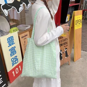Women Casual Bubble Plaid Tote Bag Japanese Fresh Lightweight Polyester Single Shoulder Bag Daily Commuter Handbag