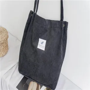 Corduroy tote bag for women, large capacity casual shoulder bag with snap button closure.