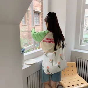 Canvas tote bag with embroidered tulip pattern, casual large capacity shoulder bag for daily use.