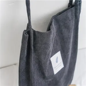 Dark grey corduroy shoulder bag, large capacity artistic tote bag for daily student use and shopping.