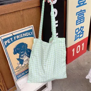 Green checkered canvas shoulder bag casual tote daily student lightweight ladies handbag