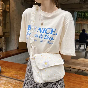 Japanese style sweet daisy canvas shoulder bag for women student casual crossbody bag