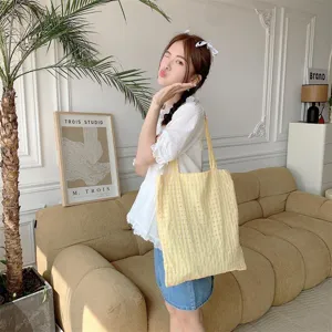 Yellow bubble plaid canvas shoulder bag, Japanese fresh style thin student tote bag.