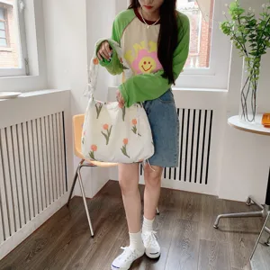 Floral embroidered canvas tote bag, large capacity casual shoulder bag for women daily use.