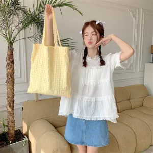 Yellow plaid canvas tote bag, Japanese style fresh shoulder bag for students, lightweight cloth.