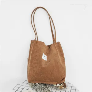 Korean style corduroy shoulder bag for women, large capacity casual daily tote bag brown.