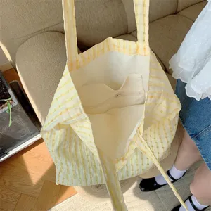 Yellow bubble plaid shoulder bag, Japanese fresh casual cloth tote bag with inner pocket.