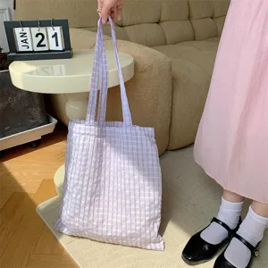 Light purple plaid shoulder bag, sweet aesthetic student tote bag, casual lightweight cloth bag.