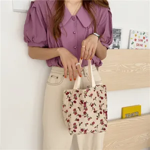 Floral corduroy lunch bag, cute daisy print tote handbag, small vintage daily storage pouch.