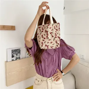 Corduroy floral small tote bag vintage style cute lunch handbag for daily use and shopping