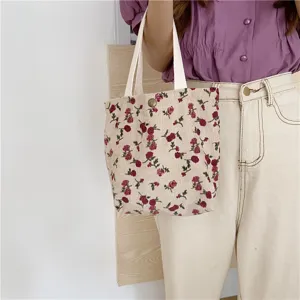 Retro floral corduroy tote bag cute small handbag casual lunch storage pouch for daily use.