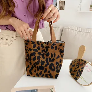 Corduroy leopard print handbag cute lunch bento tote bag casual daily handheld storage bag