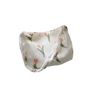 White tulip embroidered canvas shoulder bag, casual aesthetic tote bag for daily shopping.