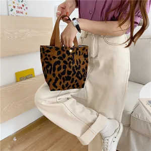 Corduroy leopard print lunch bag cute small handbag portable fashion daily storage tote bag