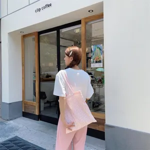 Pink striped canvas tote bag, lightweight casual shoulder bag for women and daily student use.