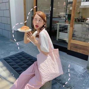 Pink bubble pleated shoulder canvas bag, casual student tote bag for daily commuting stylish.