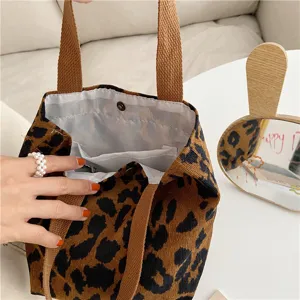 Brown leopard print corduroy tote bag, casual daily handbag and stylish lunch storage pouch.